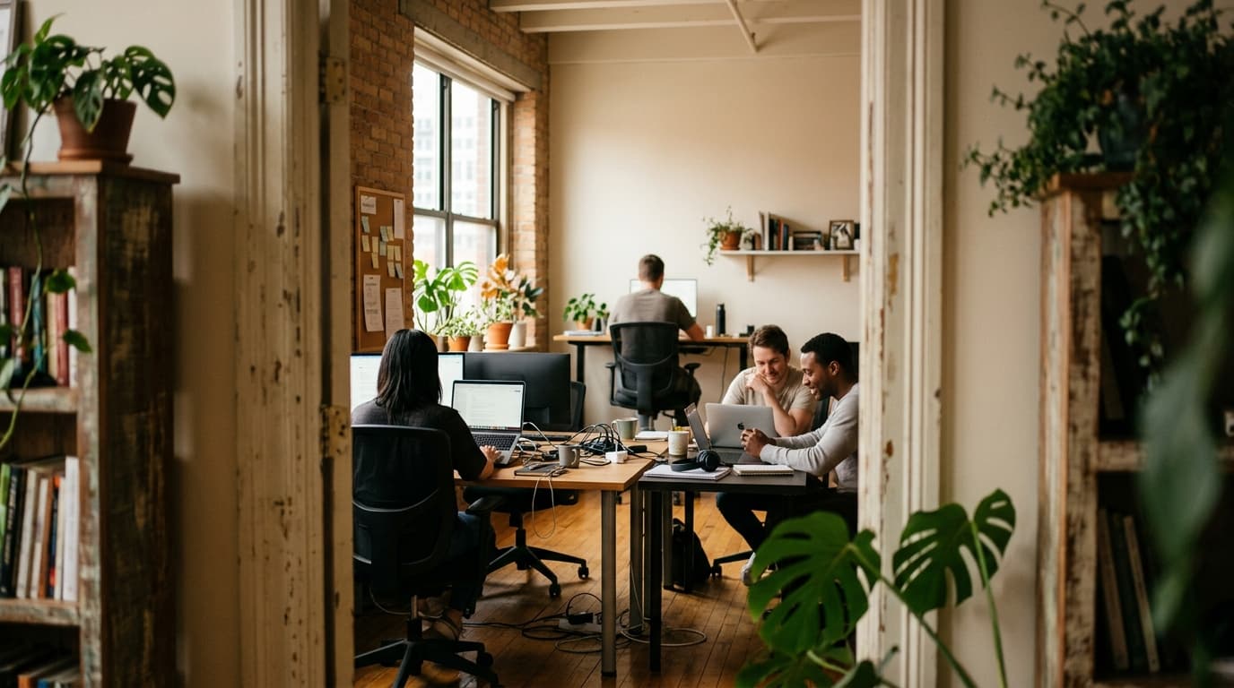 A distributed HireMango team member working from a sunlit home studio