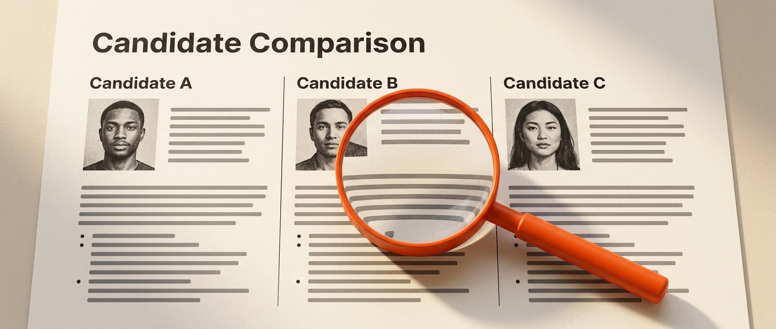 A printed candidate comparison sheet with sketched portraits and an orange-handled magnifying glass held over one candidate