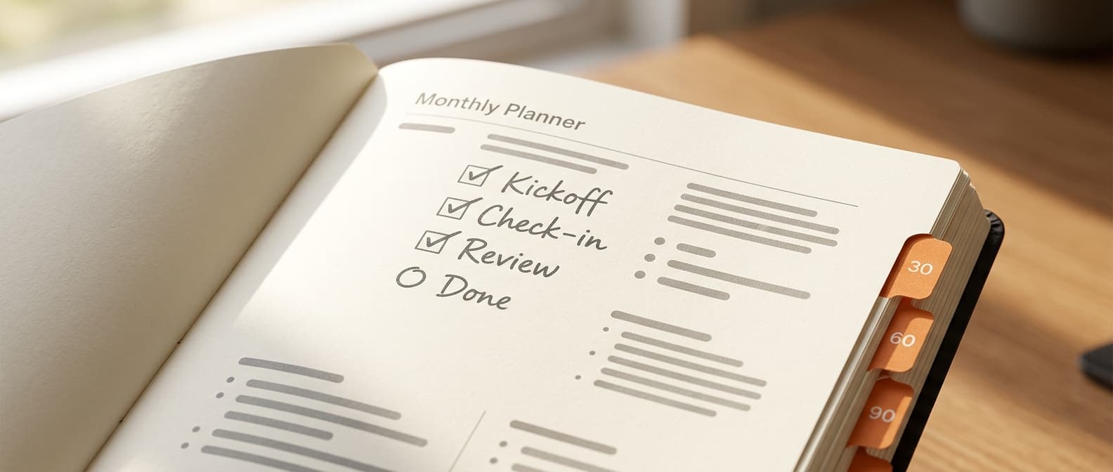 An open planner with handwritten onboarding milestones and orange tabs marking 30, 60 and 90 days