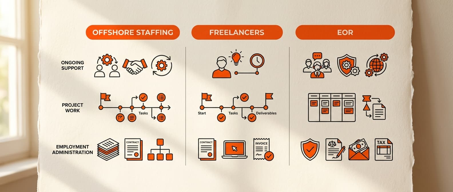 Three columns comparing offshore staffing, freelancers and EOR, with icons for ongoing support, project work and employment administration