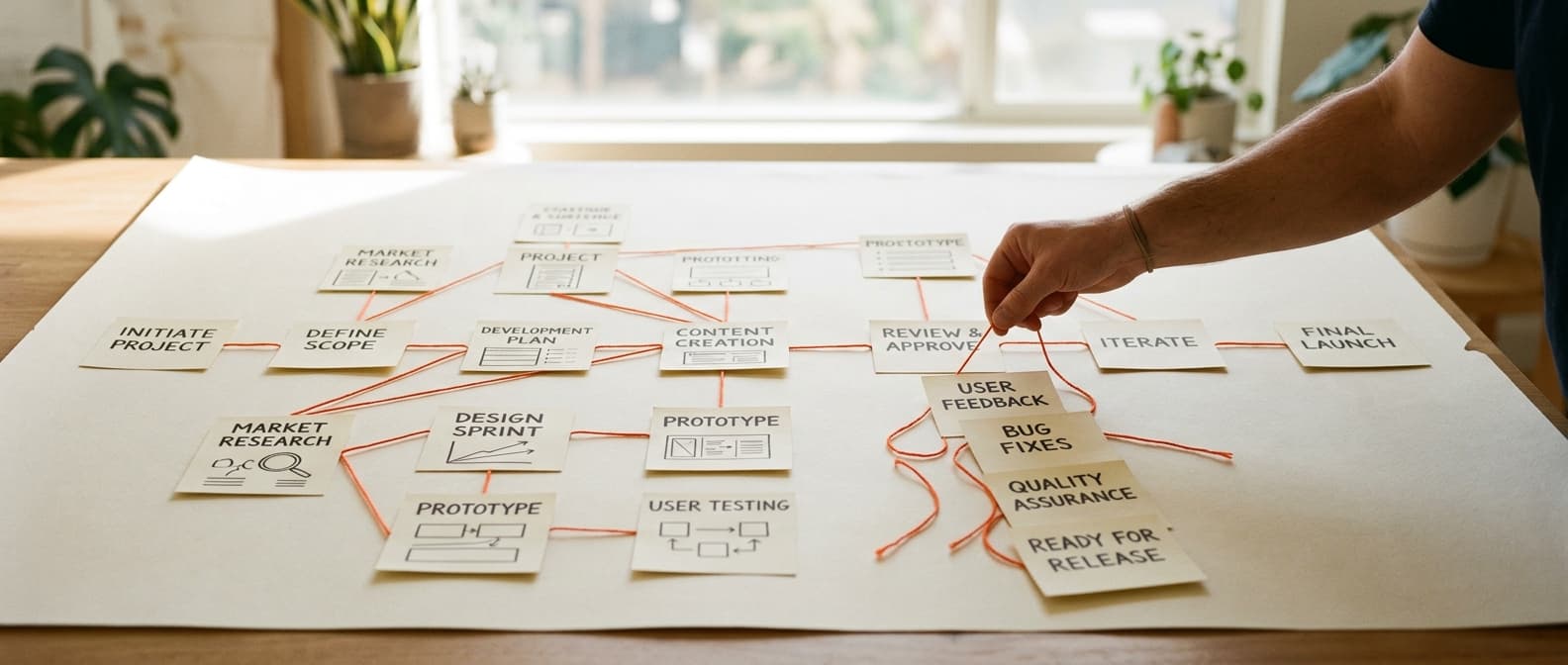 A team workflow mapped on paper cards joined by orange thread, with a hand reconnecting one loose section