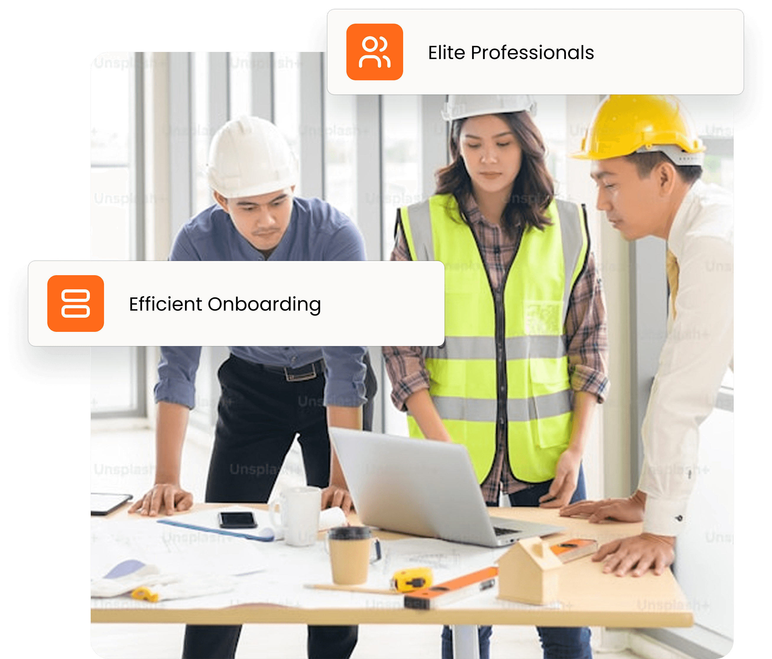 Remote and on-site engineers collaborating, with floating tags labeling Elite Professionals, Efficient Onboarding, and Operational Refinement