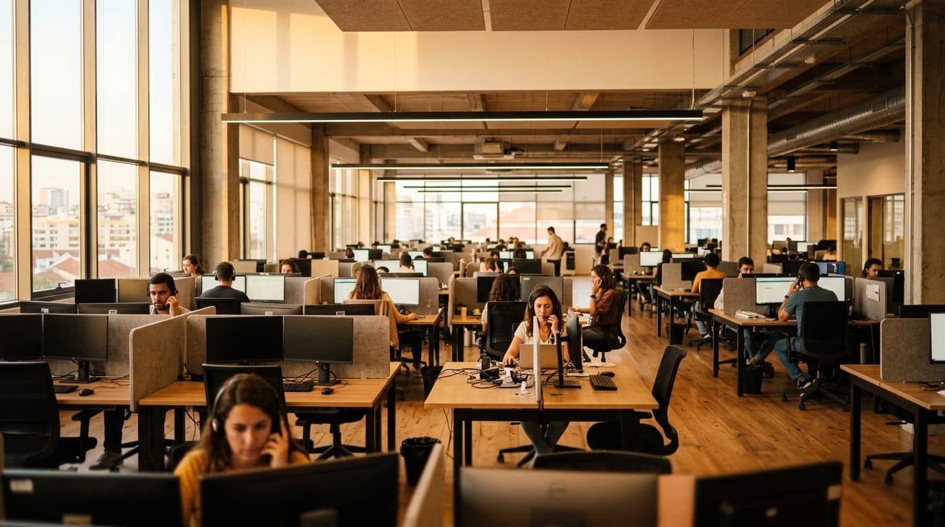 A remote customer service representative wearing a headset at a clean home-office desk, managing scheduling calls for a home services business