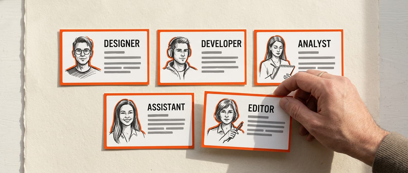Role cards with sketched portraits and orange borders laid out on cream paper while a hand moves one card forward